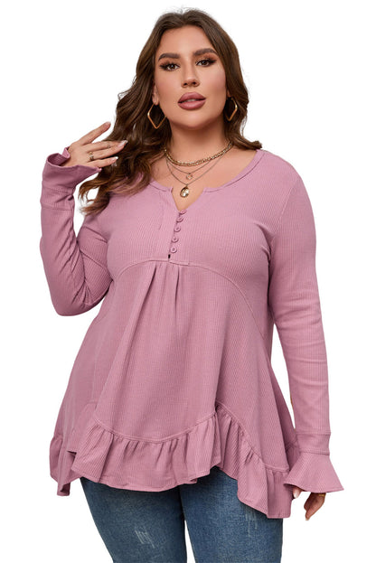 Chic pink plus size ruffled babydoll top in waffle knit