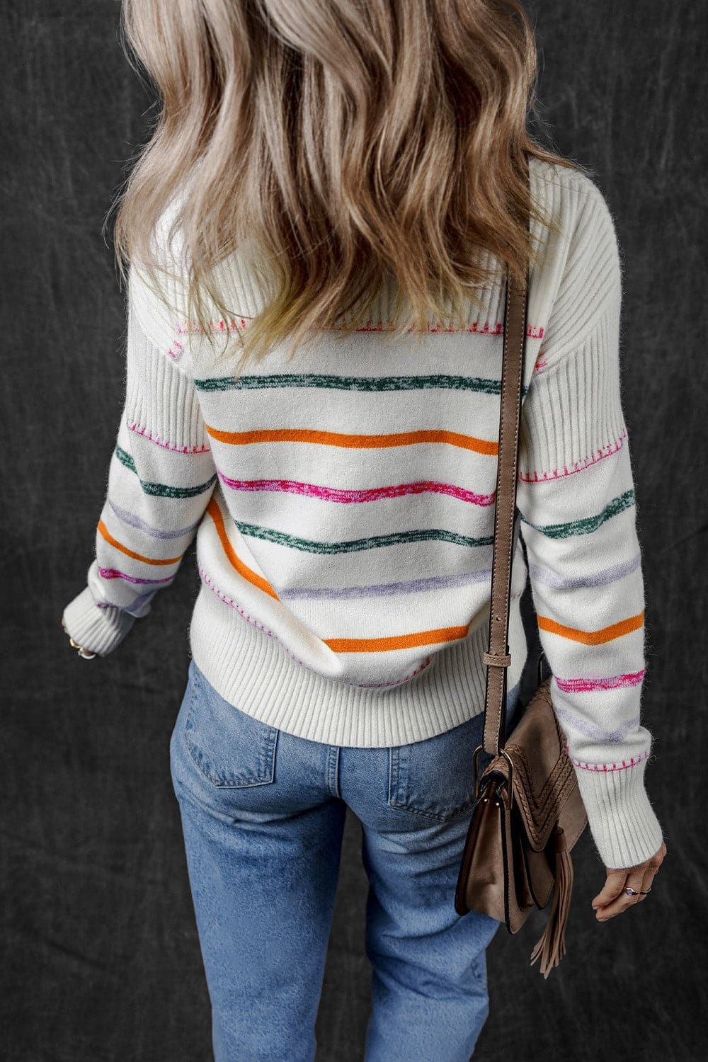 Striped Round Neck Dropped Shoulder Sweater.