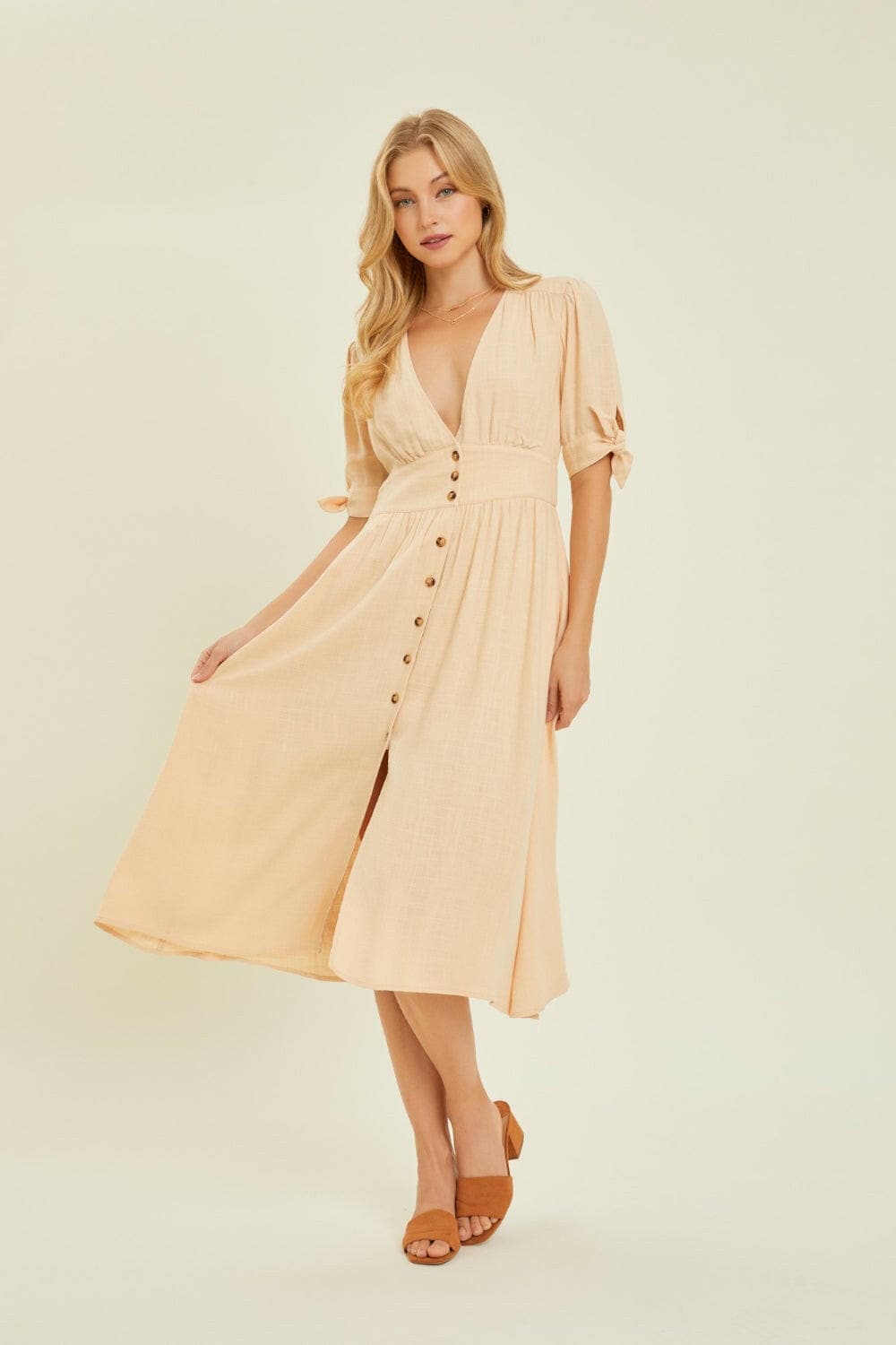 HEYSON Full Size Textured Linen V-Neck Button-Down Midi Dress.