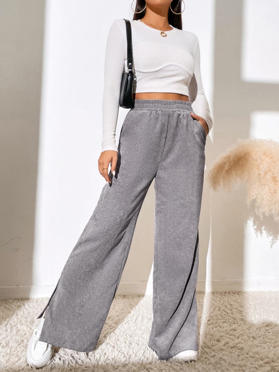 Slit Pocketed High Waist Wide Leg Pants.