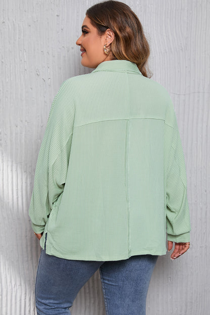 Chic green plus size ribbed henley top with pockets and long sleeves