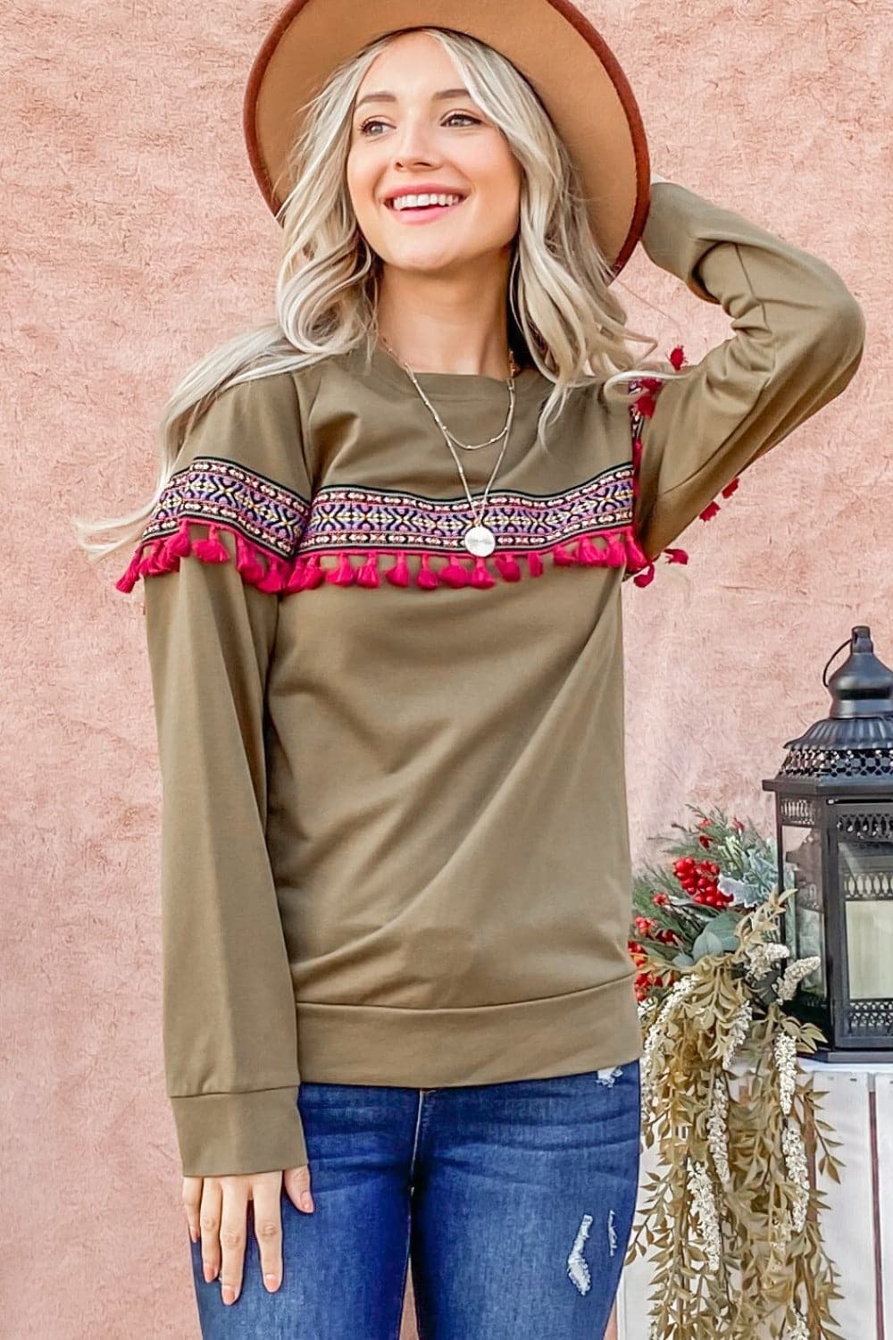 Bohemian Charm: Ethnic Ribbon Tassel Trim Top