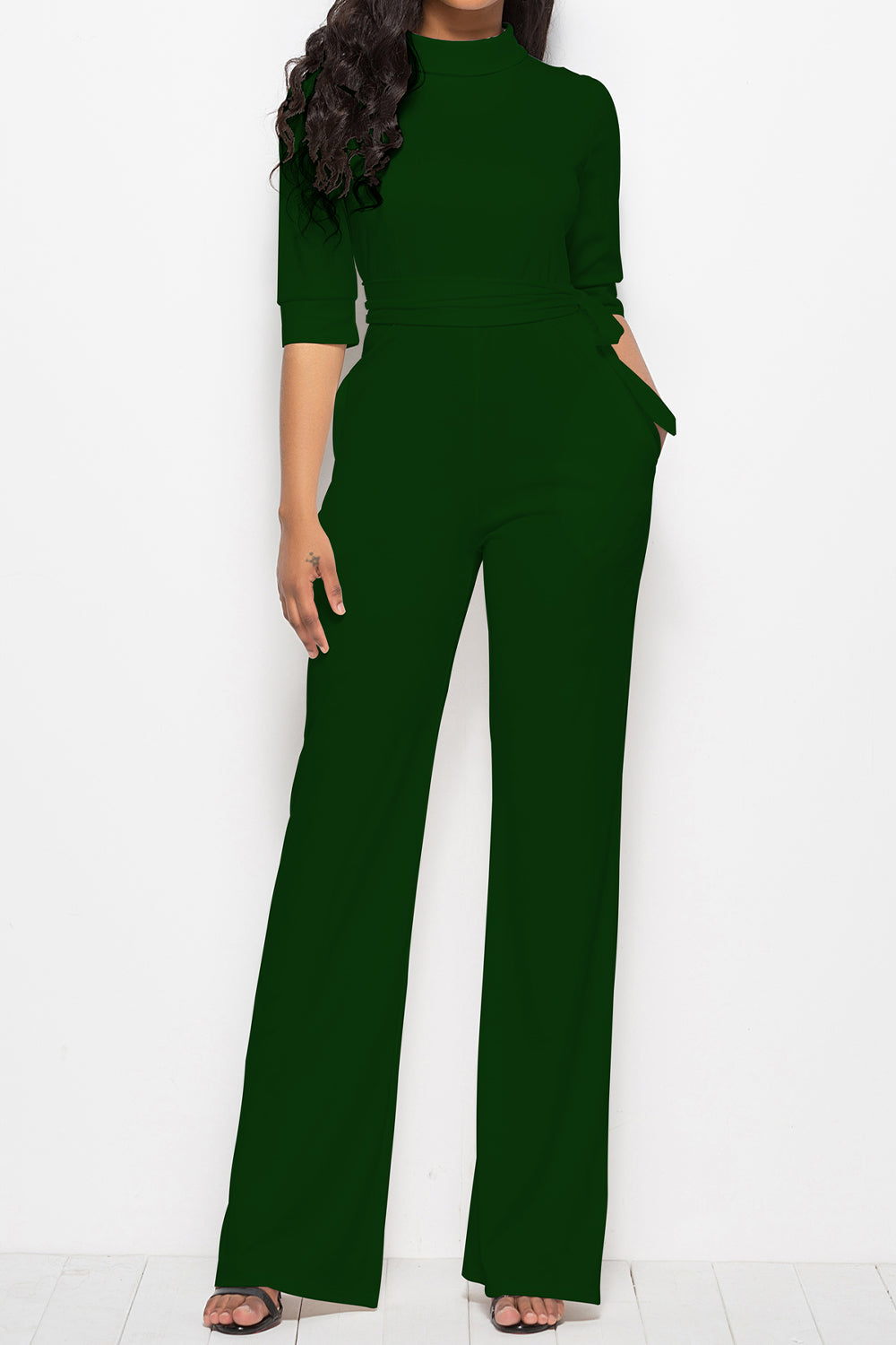 Mock Neck Tie-Waist Half Sleeve Jumpsuit Coco’s Tee Boutique