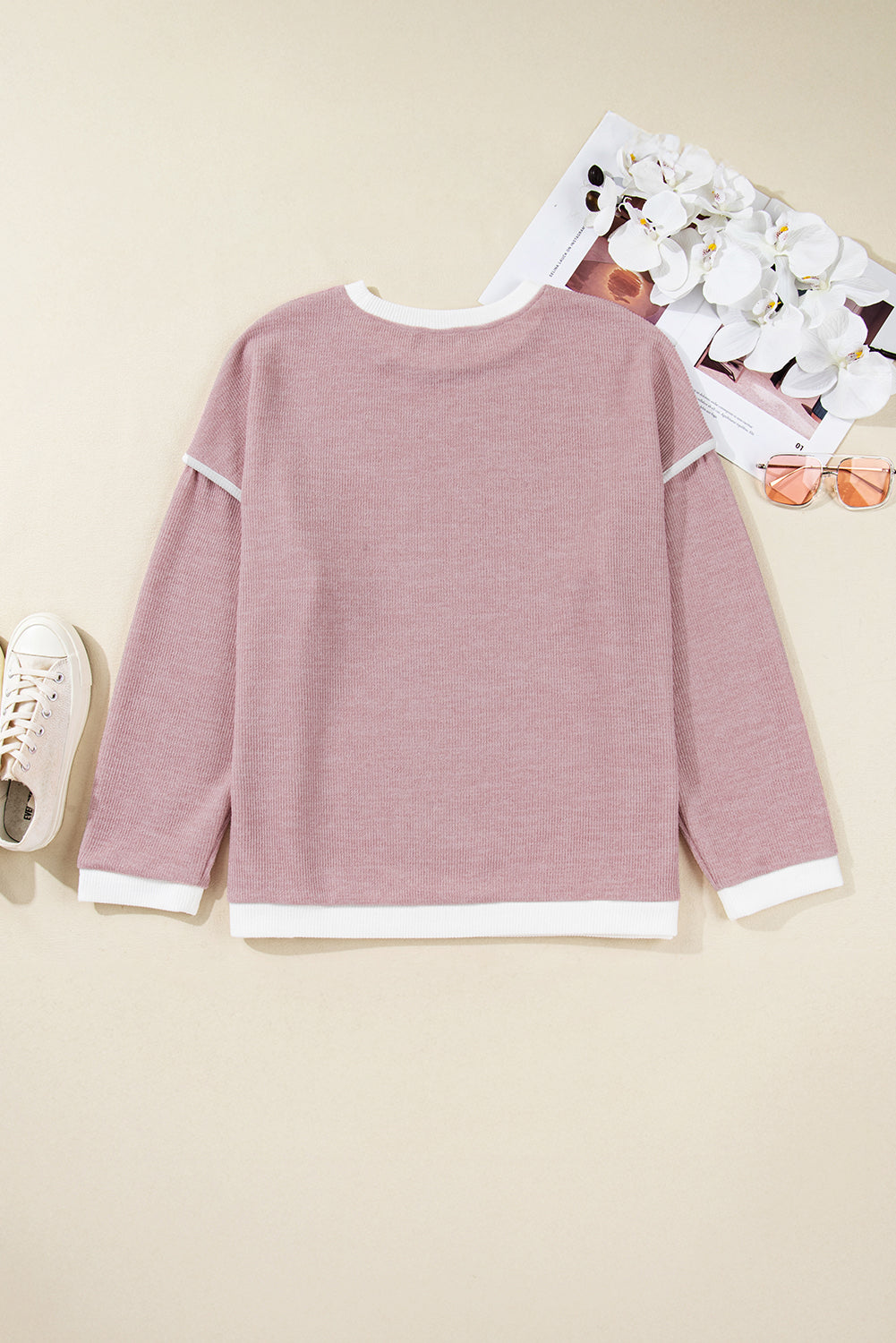 Light Pink Trim Knitted Drop Shoulder Top Plus Size Dear-Lover Dropshipping