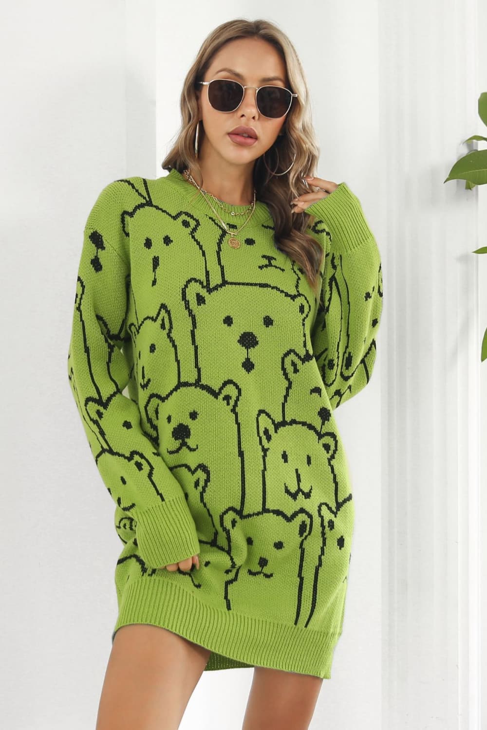 Bear Pattern Round Neck Sweater Dress.