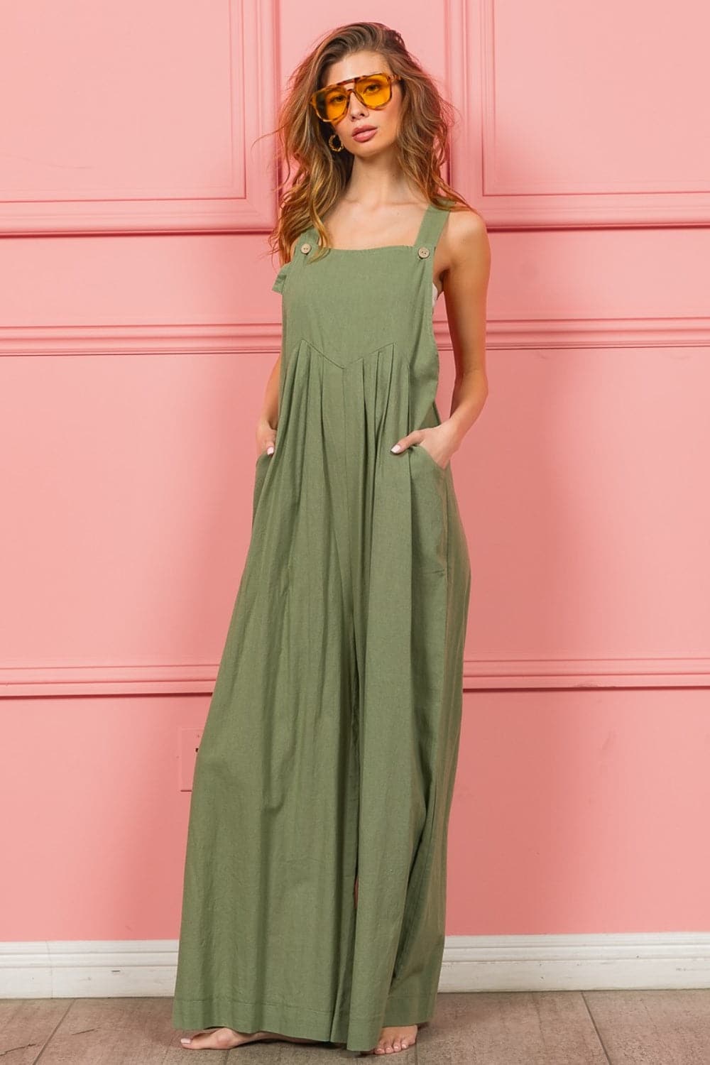 BiBi Ruched Wide Leg Overalls with Pockets.