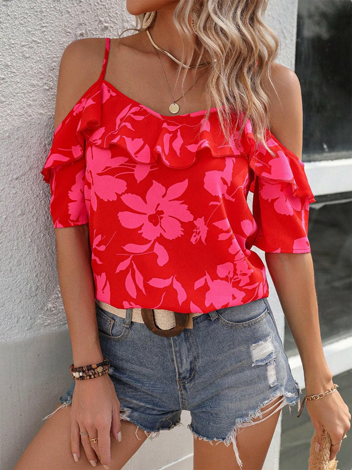 Ruffled Printed Short Sleeve Blouse.