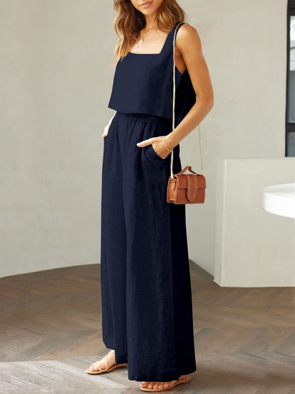 Square Neck Top and Wide Leg Pants Set.