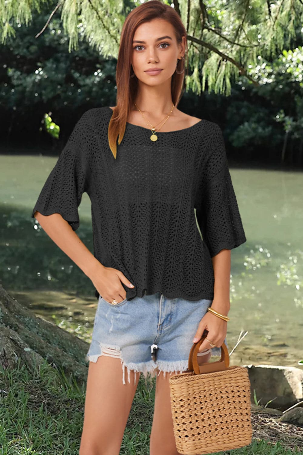 Openwork Round Neck Half Sleeve Knit Top.