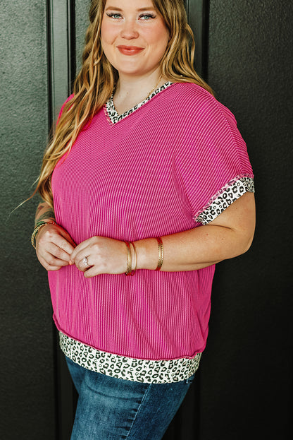 Rose red leopard accent v-neck corded plus size top