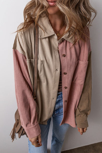 Button Up Color Block  Long Sleeve Shacket.