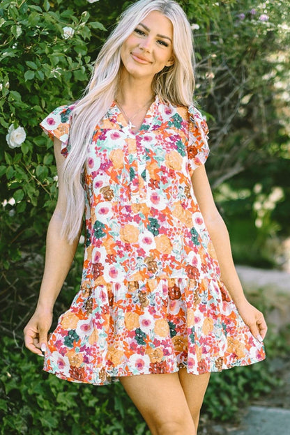 Ruffled Printed Cap Sleeve Mini Dress.