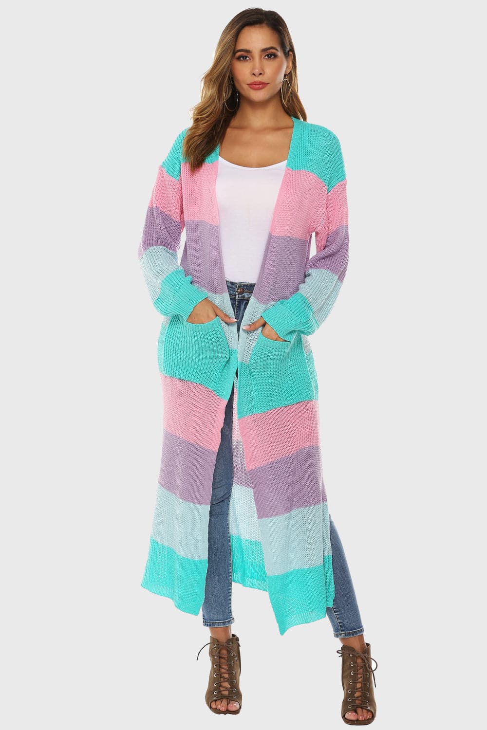 Color Block Long Sleeve Pocketed Cardigan.