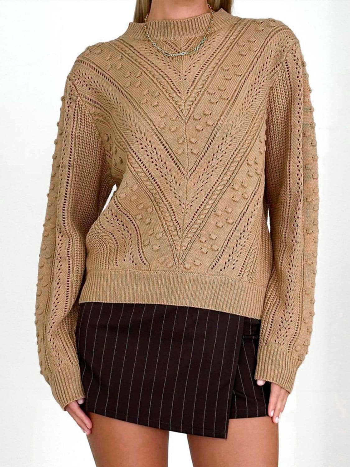 Openwork Round Neck Long Sleeve Sweater.