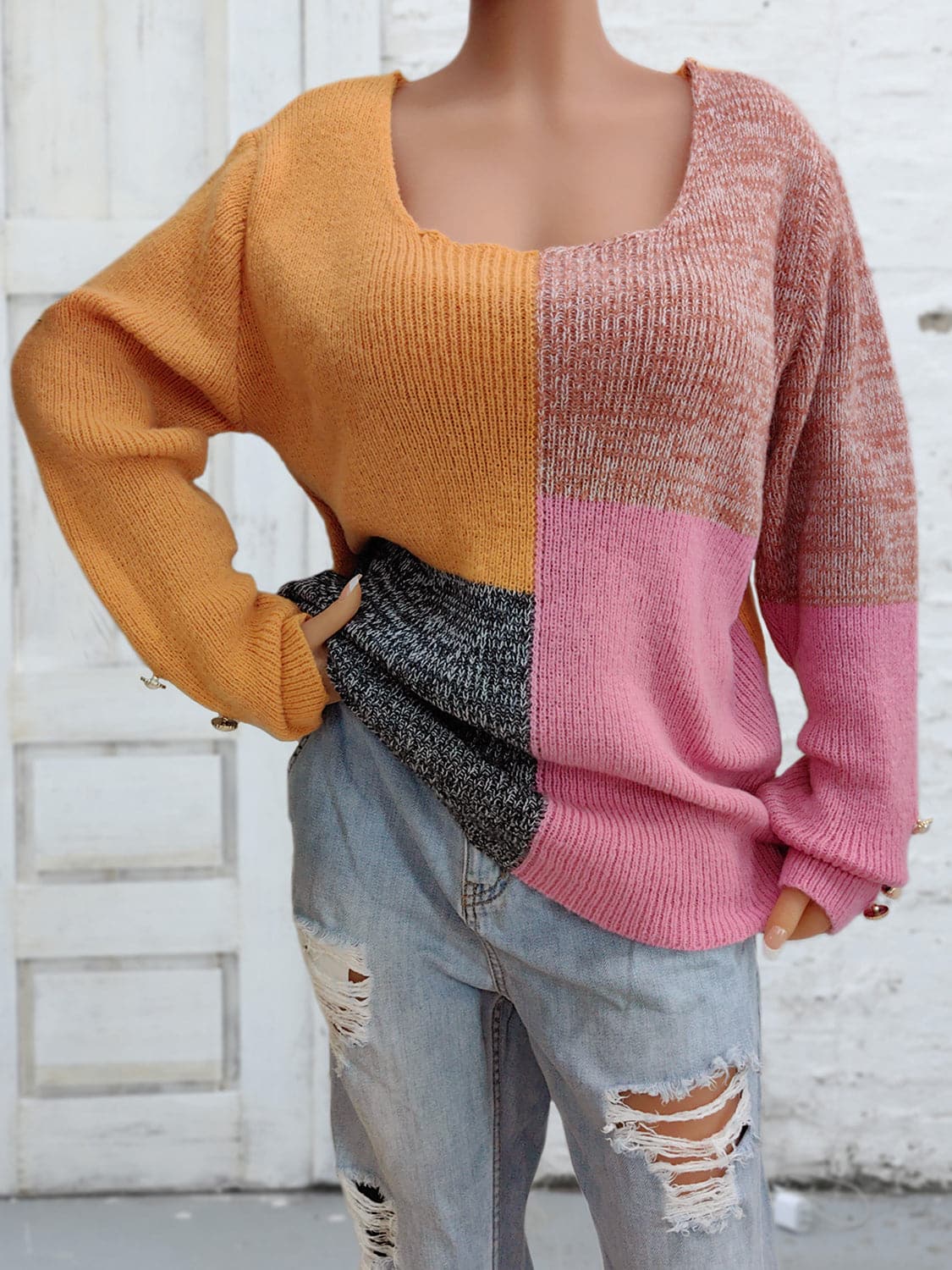 Color Block Decorative Button Long Sleeve Sweater.