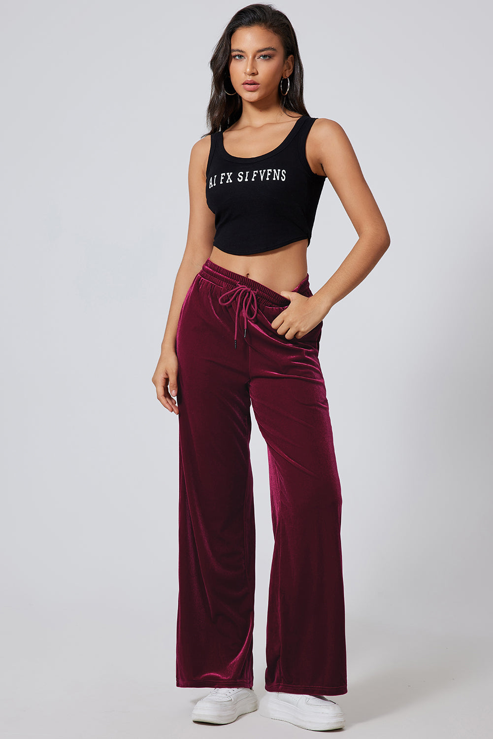 Chic burgundy wide leg pants with adjustable drawstring waist