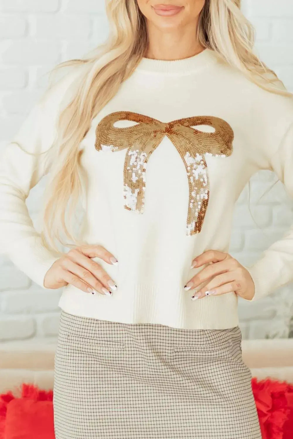 Sequin Bow Embellished Pullover Sweater Simply Love