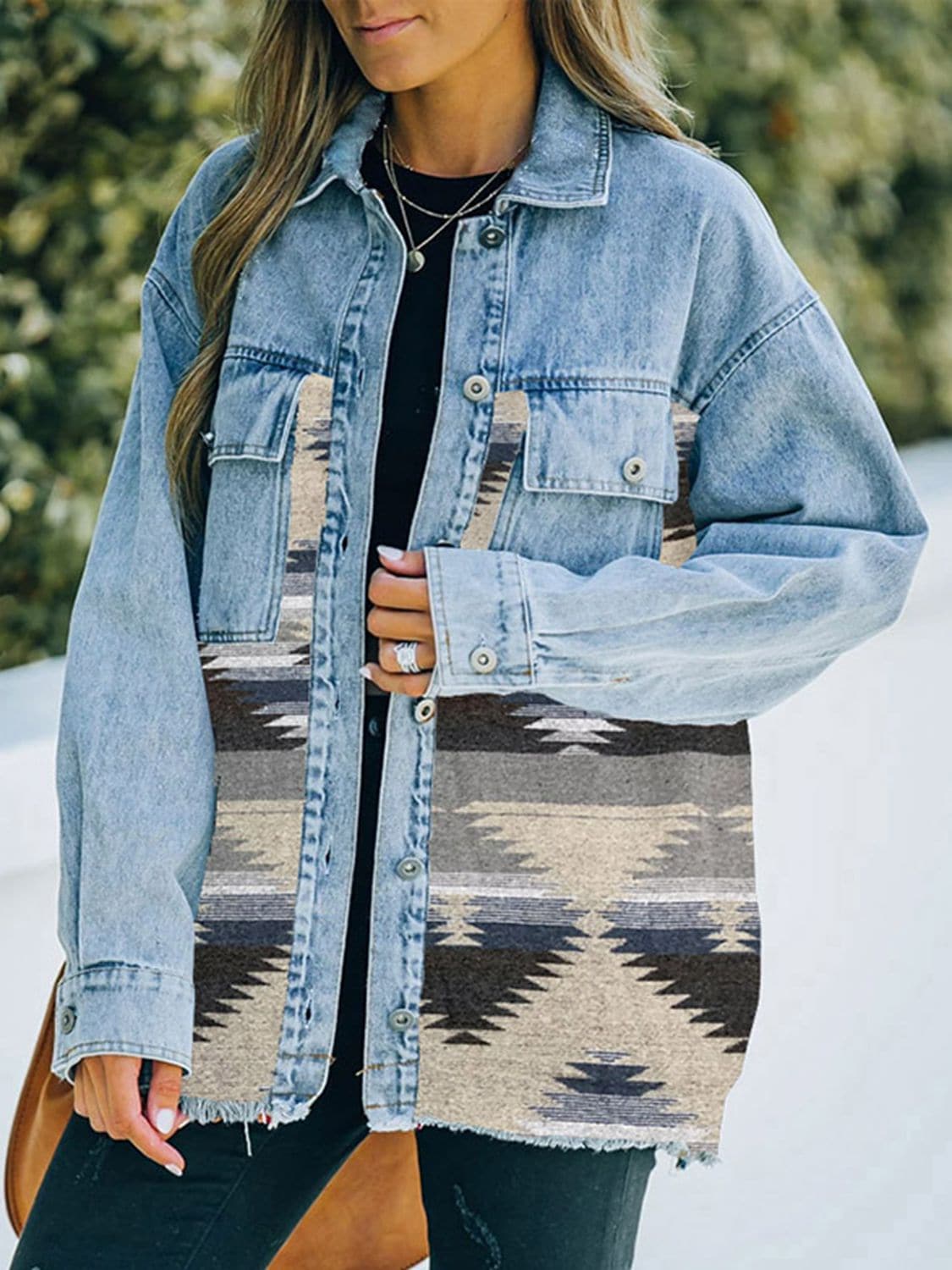 Collared Neck Dropped Shoulder Denim Jacket.