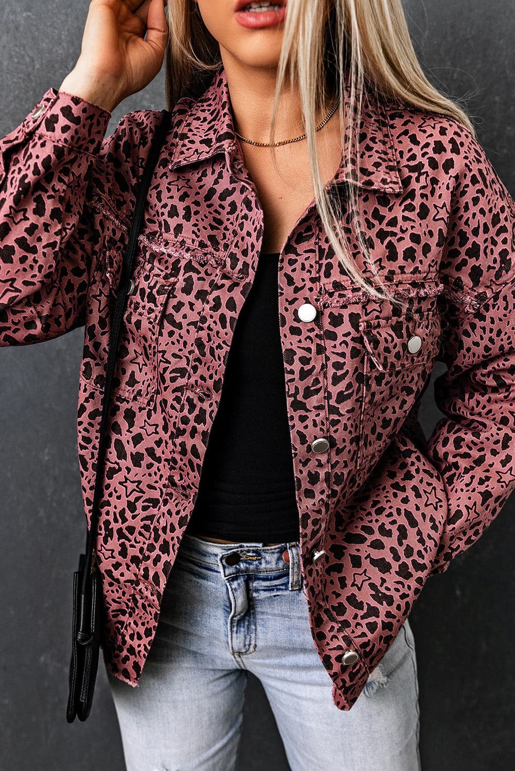 Leopard Raw Hem Button Up Denim Jacket.