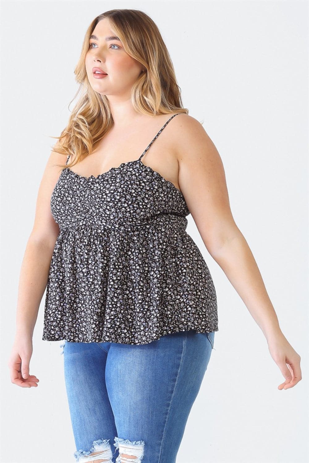 Zenobia Plus Size Frill Smocked Floral Sweetheart Neck Cami.