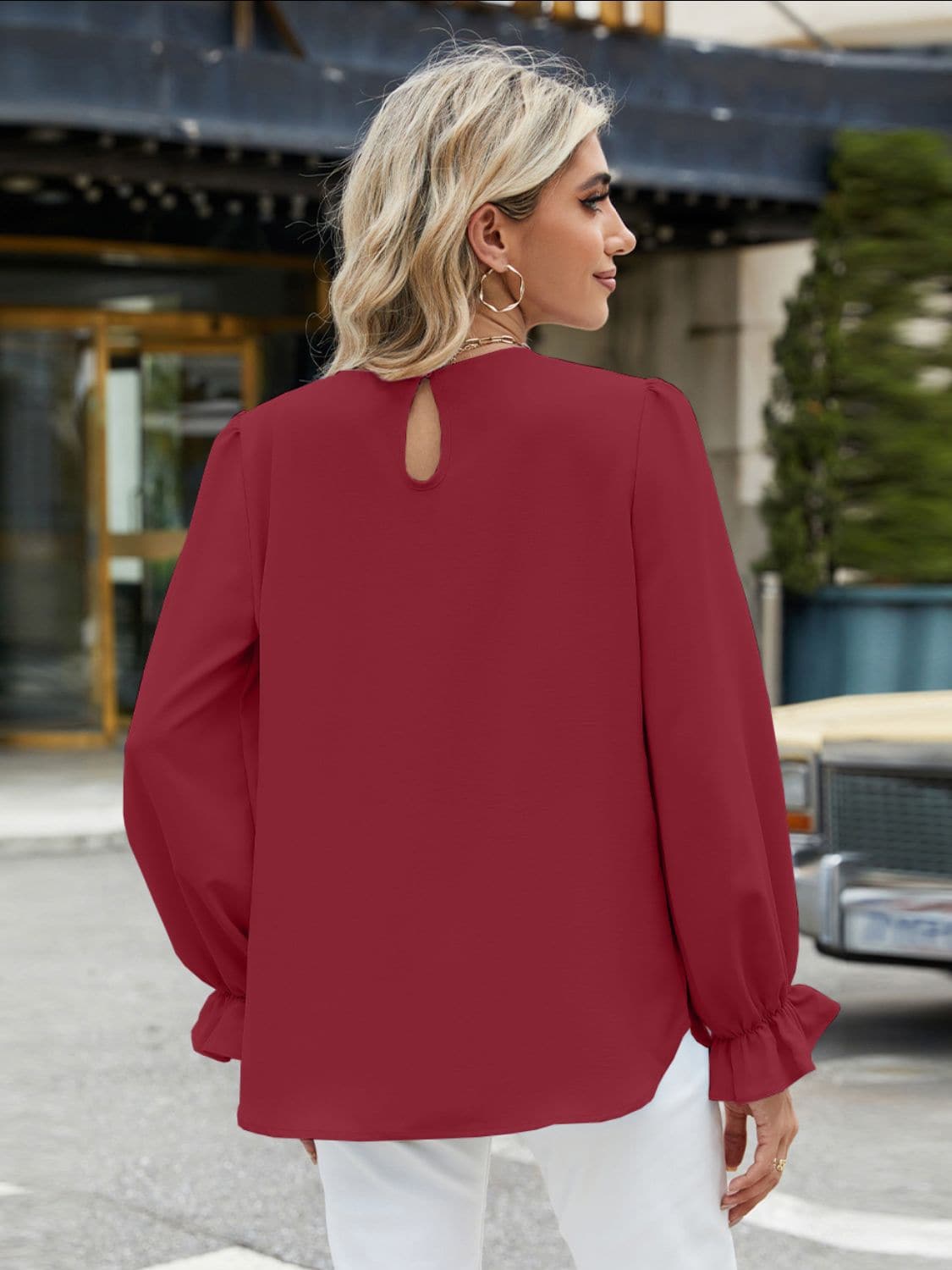 Round Neck Flounce Sleeve Top.