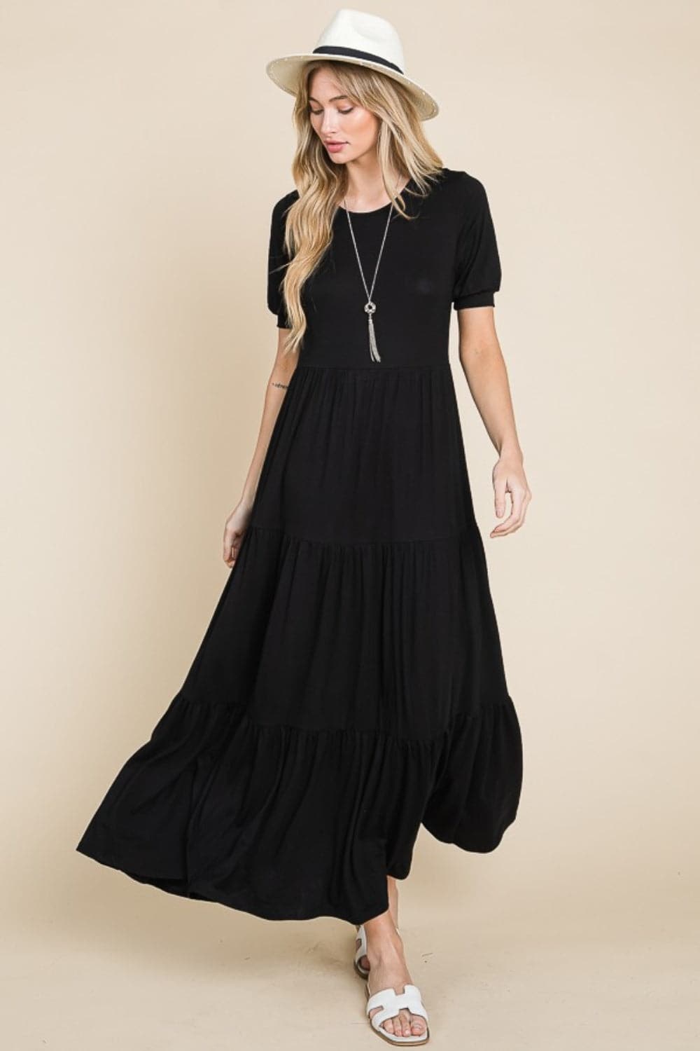 BOMBOM Short Sleeve Tiered Maxi Dress.