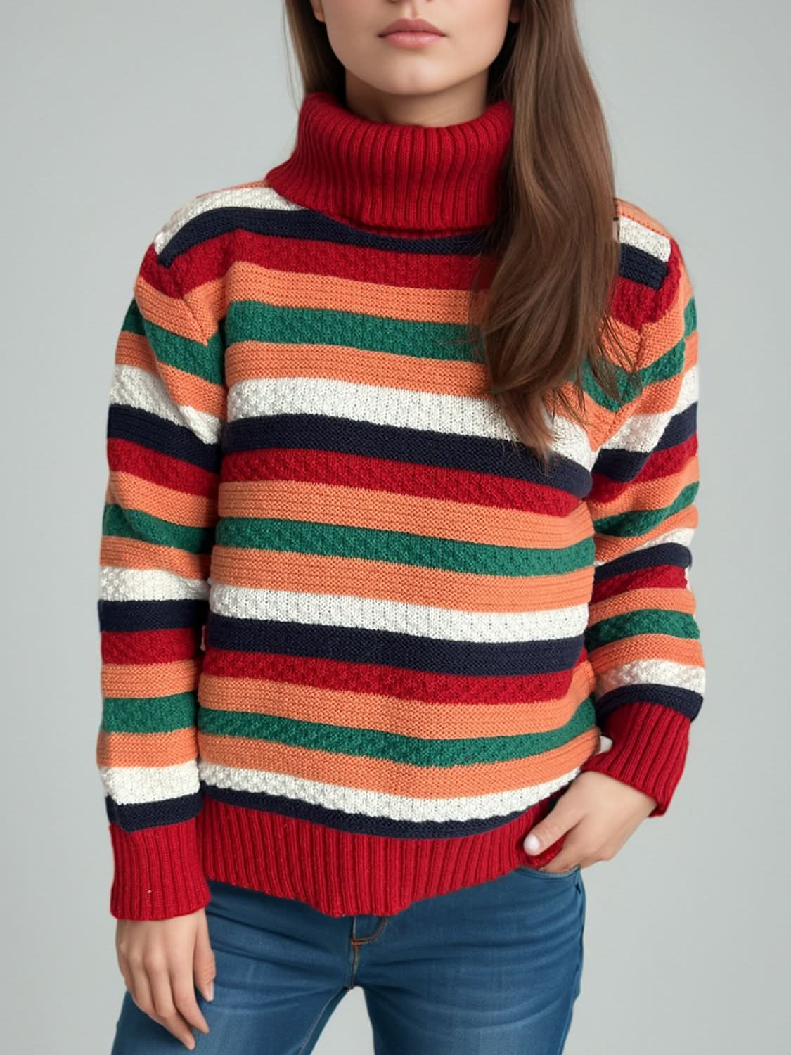 Contrast Stripes Turtleneck Long Sleeve Sweater