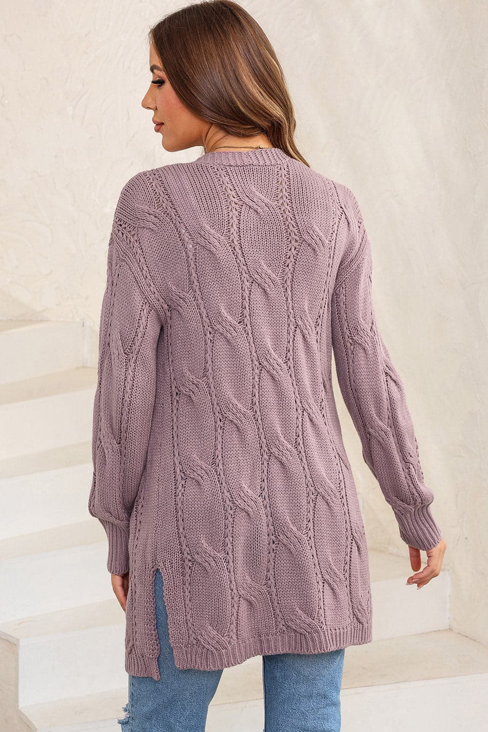 Cable-Knit Dropped Shoulder Slit Cardigan.