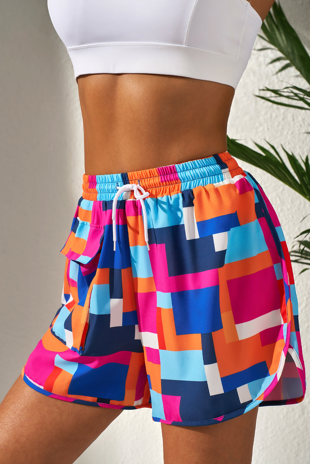 Rose Floral Geometric Print Drawstring Beach Shorts with Pockets