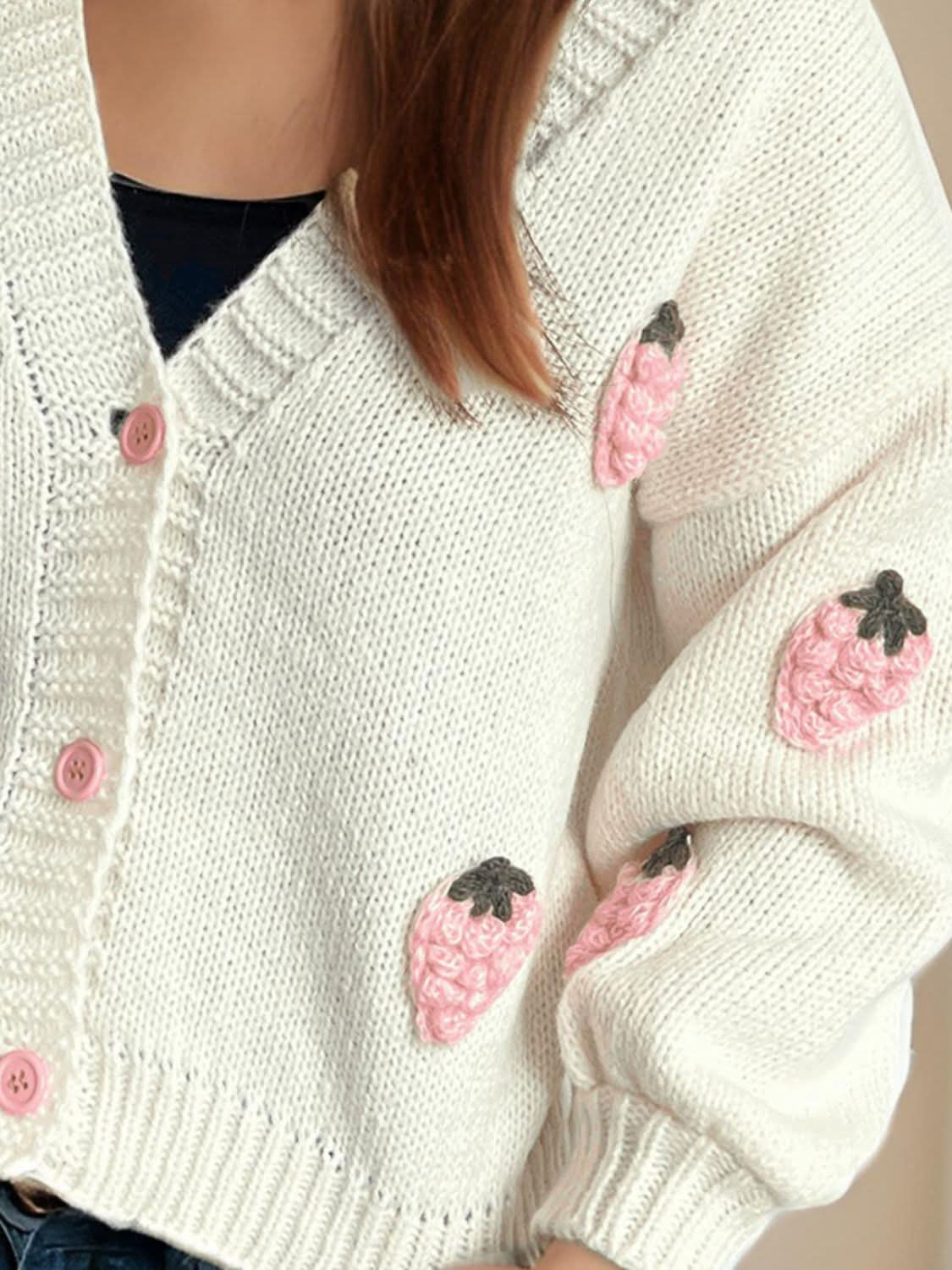 Crochet Strawberry V-Neck Long Sleeve Cardigan