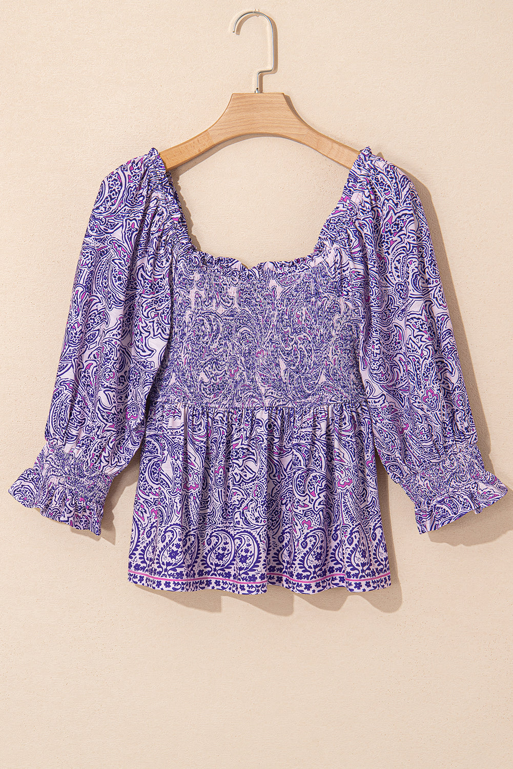 Purple Bohemian Paisley Print Shirred Peplum Blouse with Half Sleeves