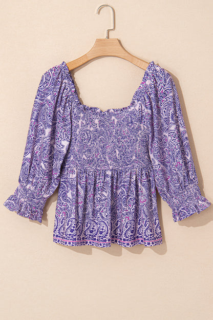 Purple Boho Paisley Print Half Sleeve Peplum Blouse