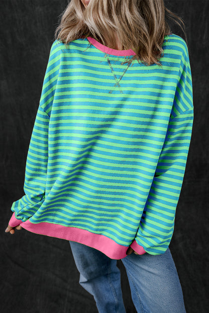 Casual sky blue striped oversized pullover with contrast trim