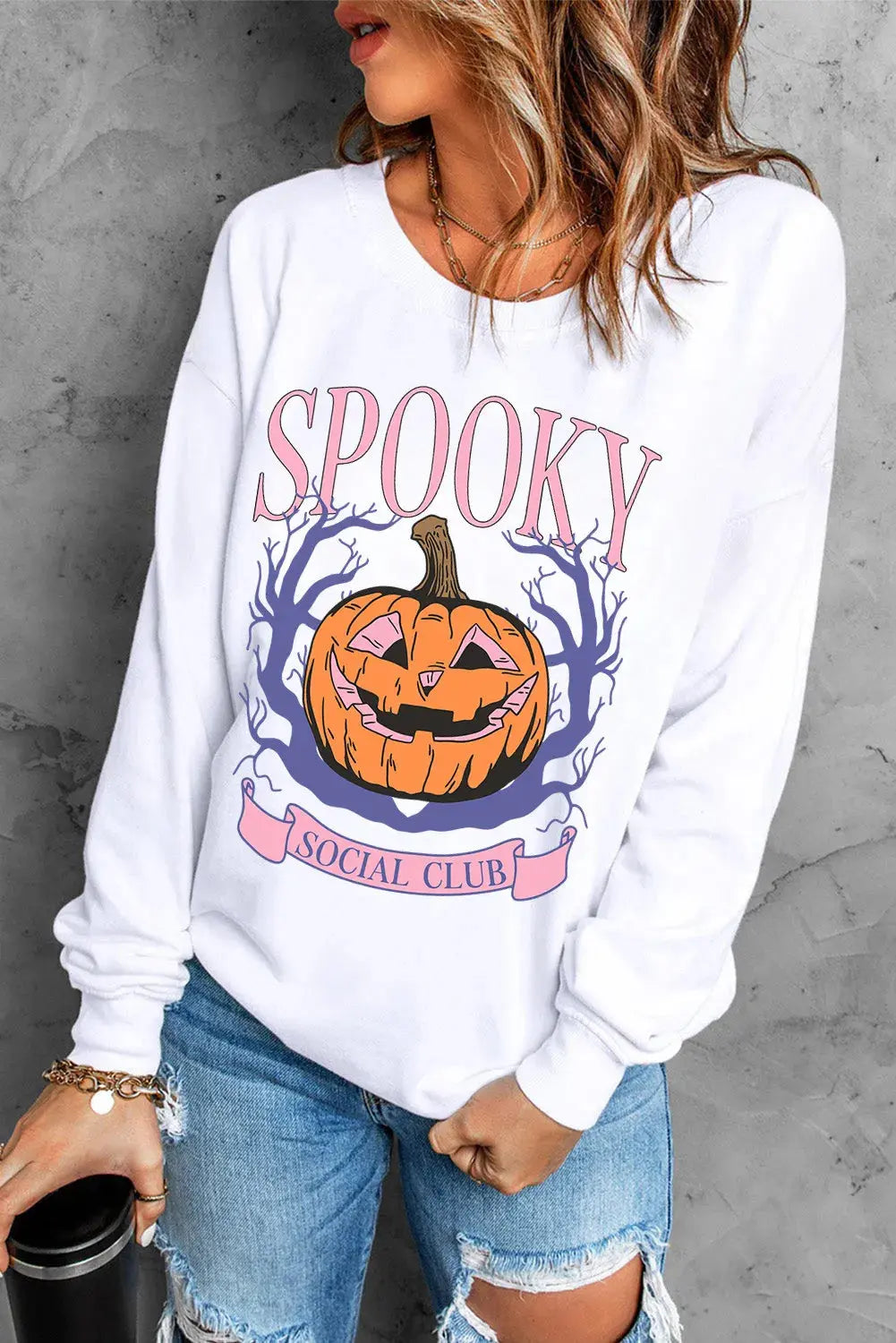 Jack-O'-Lantern Round Neck Long Sleeve Sweatshirt Simply Love