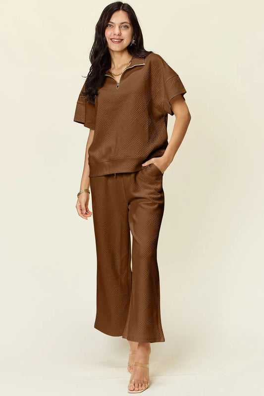 Double Take Full Size Texture Half Zip Short Sleeve Top and Pants Set - Love Salve