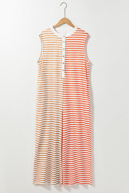 Orange Stripe Oversized Buttoned Front Sleeveless Wide Leg Jumpsuit