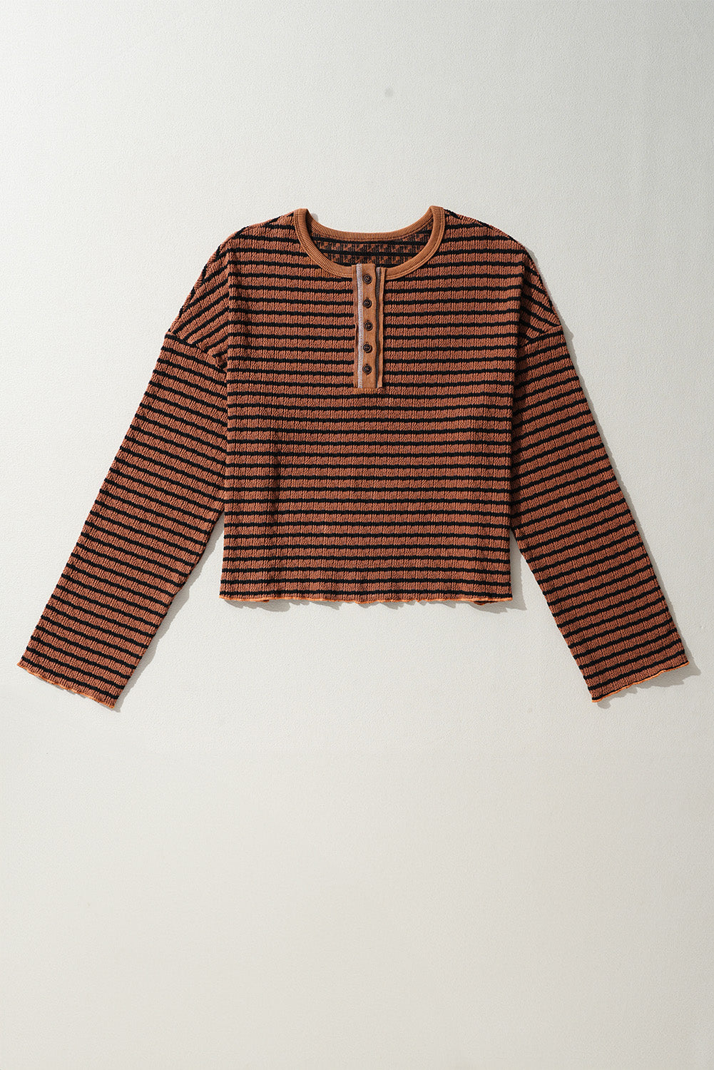 Brown Stripe Textured Frilly Trim Buttons Henley Long Sleeve Top