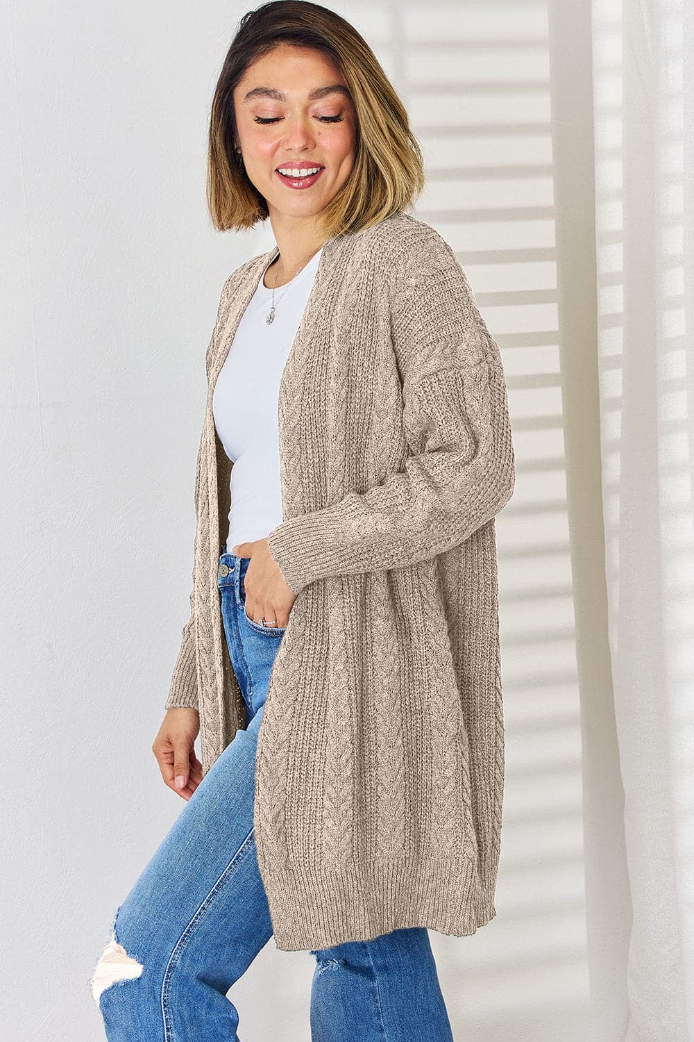 Cable-Knit Open Front Dropped Shoulder Cardigan.