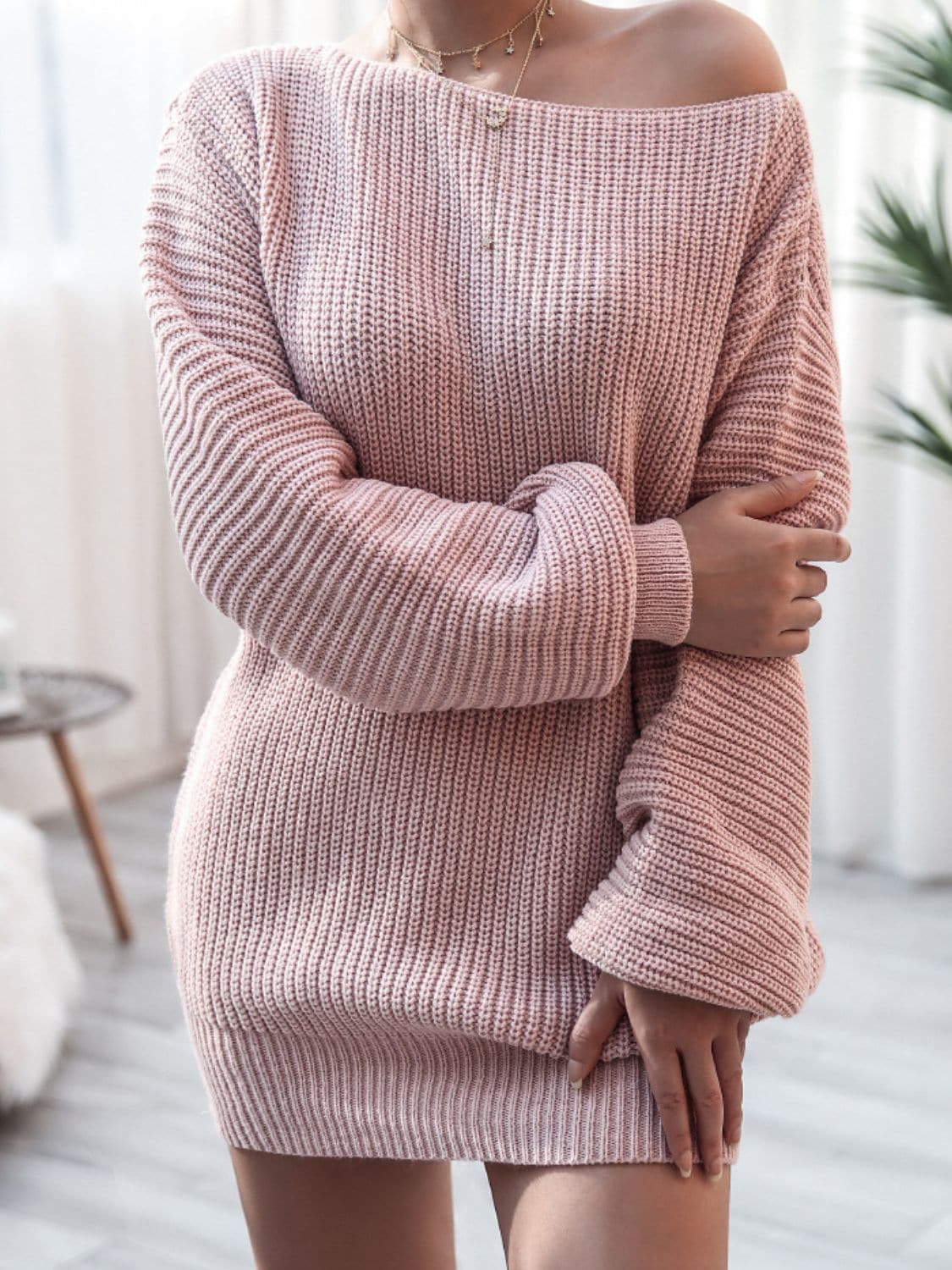 Balloon Sleeve Boat Neck Sweater Mini Dress.