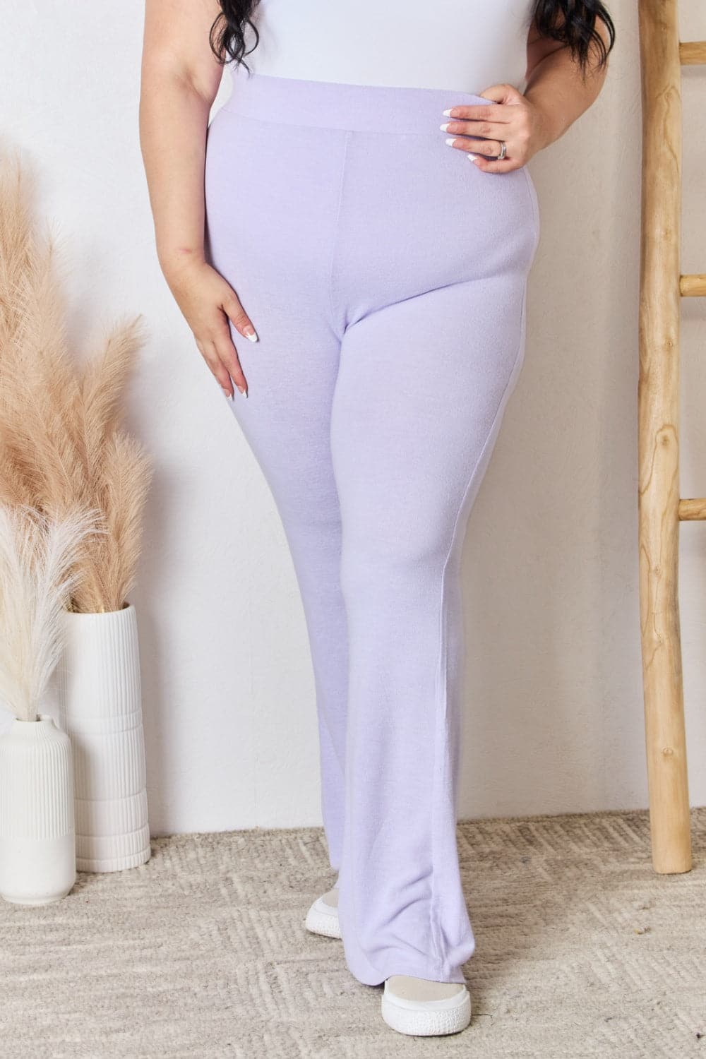 RISEN Full Size High Waist Ultra Soft Knit Flare Pants.