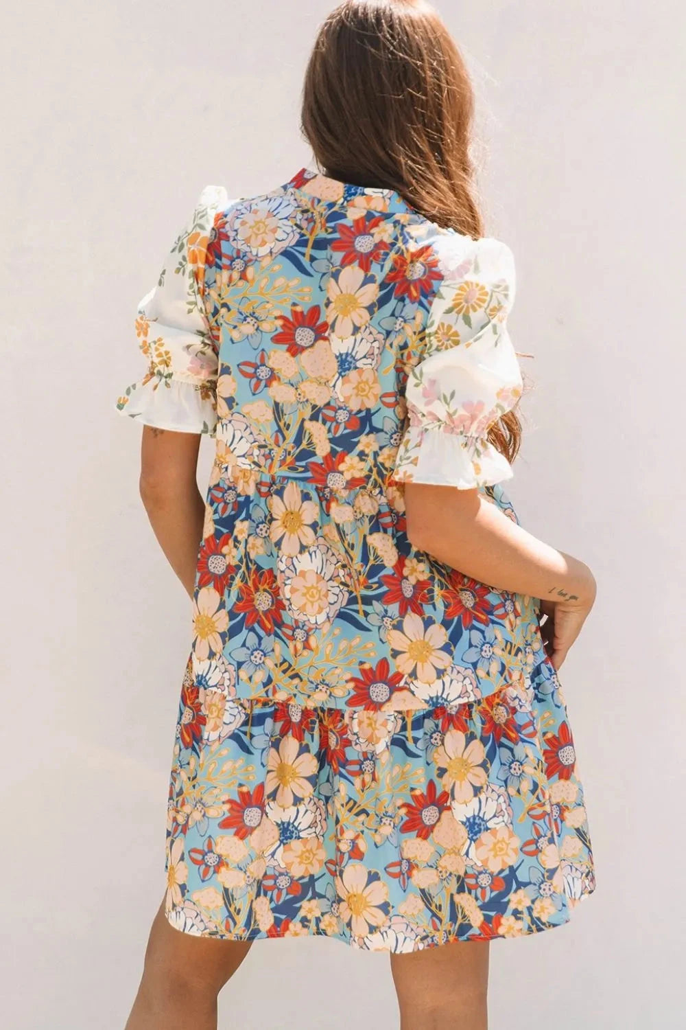 Printed Notched Flounce Sleeve Mini Dress Simply Love