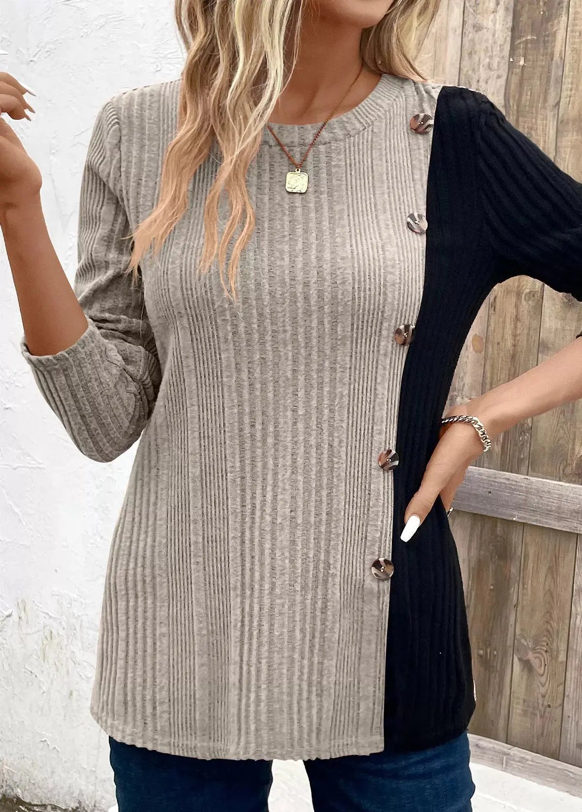 Color Block Ribbed Knit Top With Decorative Buttons Slit Detail Simply Love