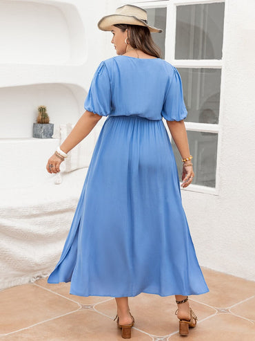 Plus Size Slit V-Neck Short Sleeve Dress.