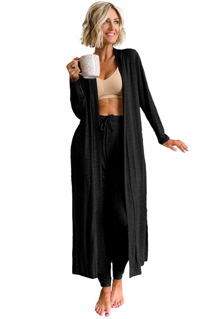 Chic black long cardigan and skinny pants lounge ensemble