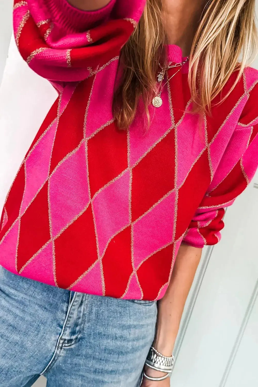 Argyle Pattern Long Sleeve Sweater Simply Love