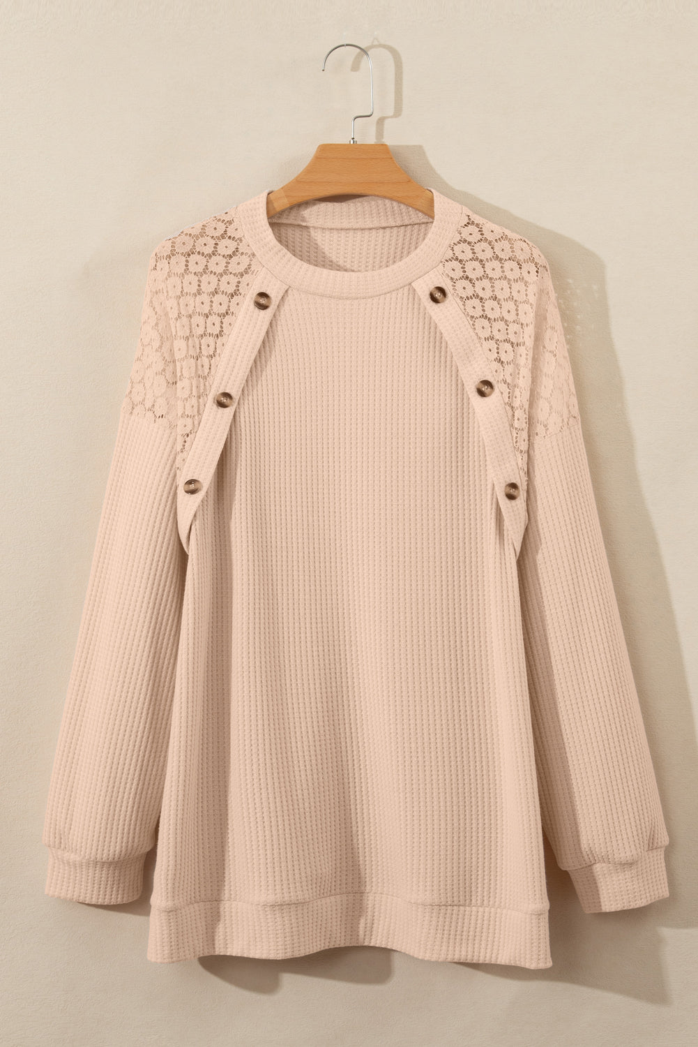 Chic beige plus size waffle knit top with lace patchwork and button details