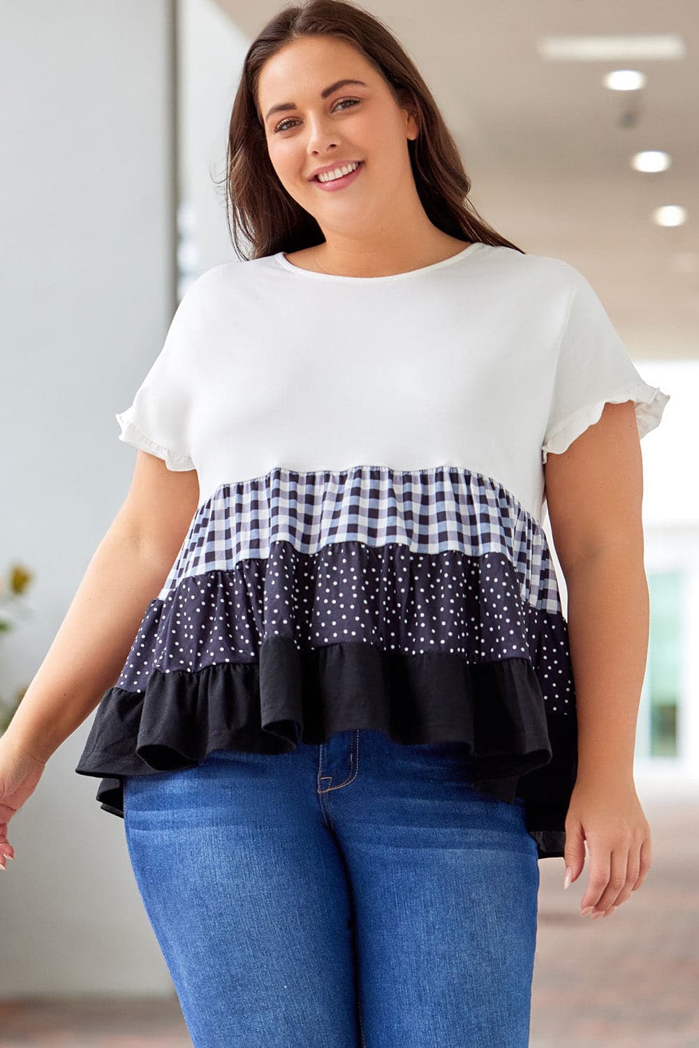 Plus Size Plaid Color Block Tiered Blouse.