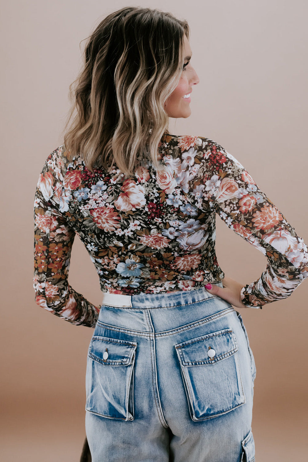 Elegant brown floral mesh blouse with high neck and long sleeves