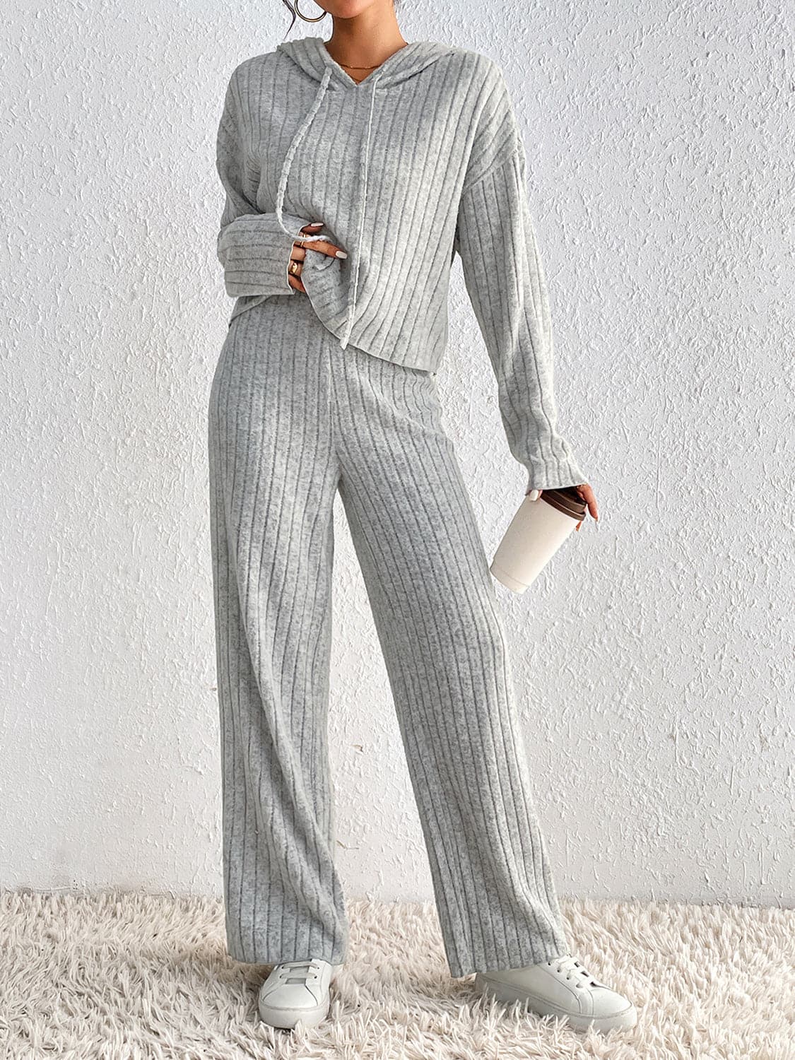 Drawstring Ribbed Hoodie and Straight Leg Pants Set.