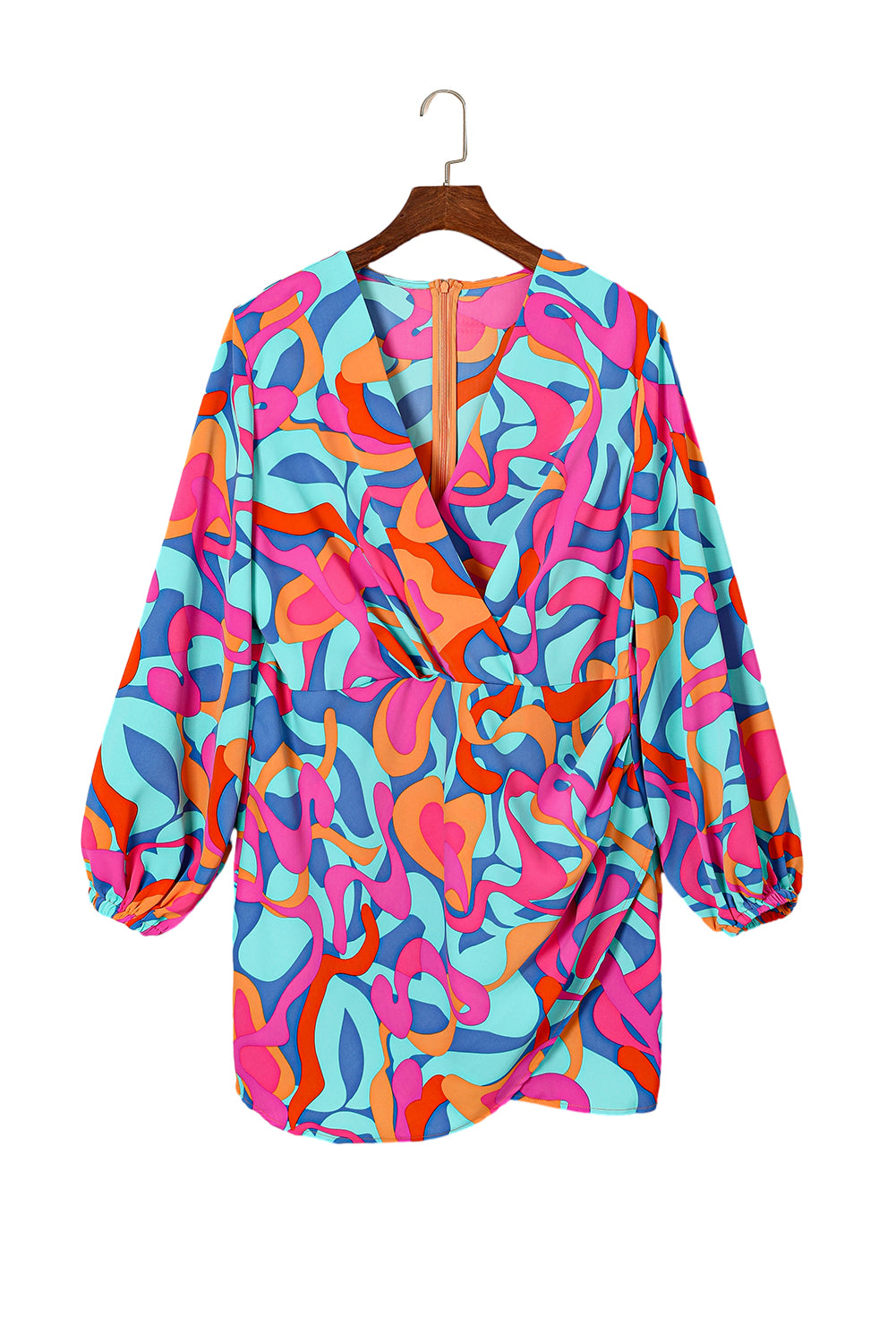 Chic multicolor pleated surplice dress with long sleeves for plus sizes